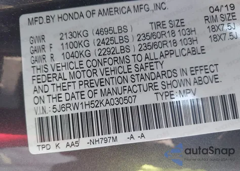 2019 Honda Cr-V Ex из США, поврежденный, VIN 5J6RW1H52KA030507